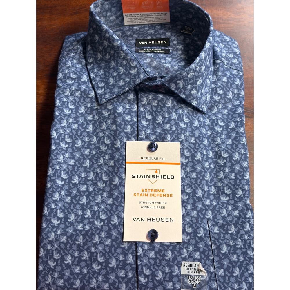 Van Heusen Mens Stain Shield Regular Fit Dress Shirt Night Blue Floral M 15-15.5